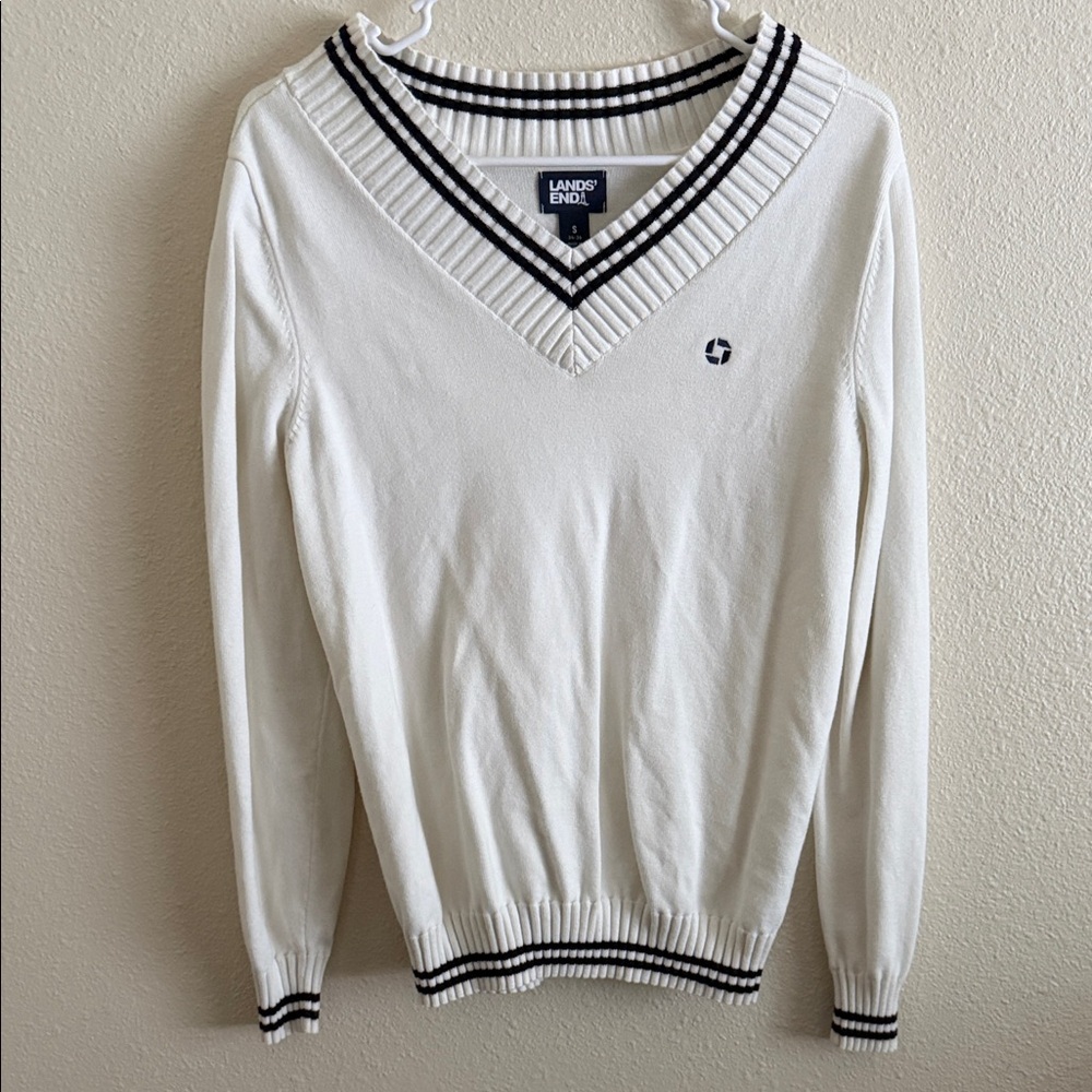 Chase bank Cream V-Neck Sweater with Navy Trim